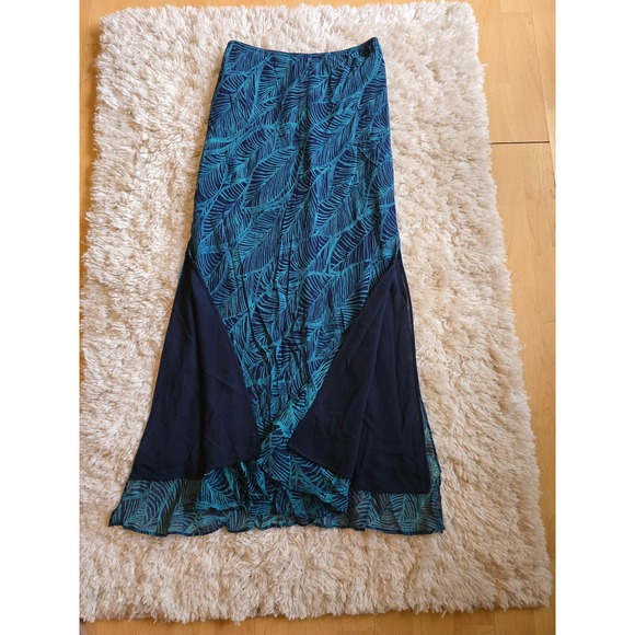 EXPRESS‎ Teal Navy Leaf Print Maxi Skirt Flowy Beach Vacation Resort Size S - Picture 4 of 10